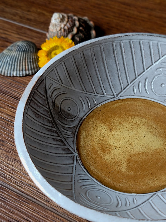 Stoneware Taino Inspired Bowl | Hand Carved Ceramic Bowl